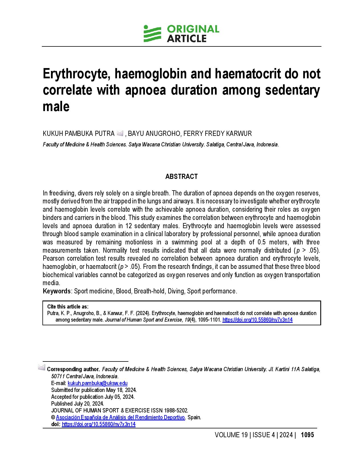 Erythrocyte, haemoglobin and haematocrit do not correlate with apnoea duration among sedentary male