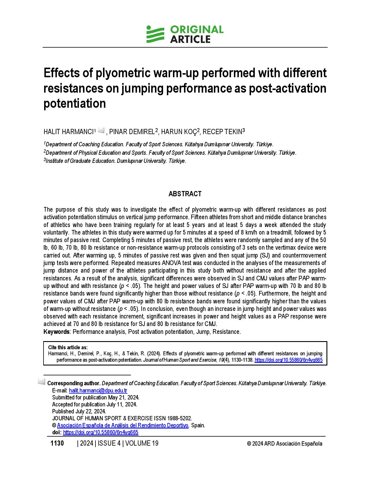 Effects of plyometric warm-up performed with different resistances on jumping performance as post-activation potentiation