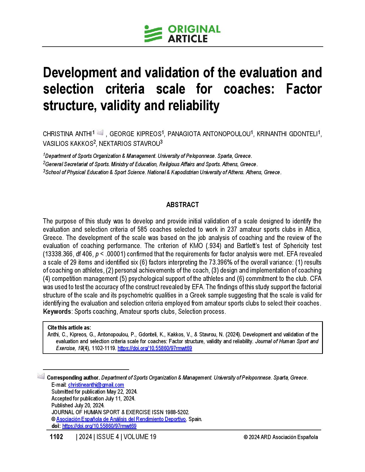 Development and validation of the evaluation and selection criteria scale for coaches: Factor structure, validity and reliability