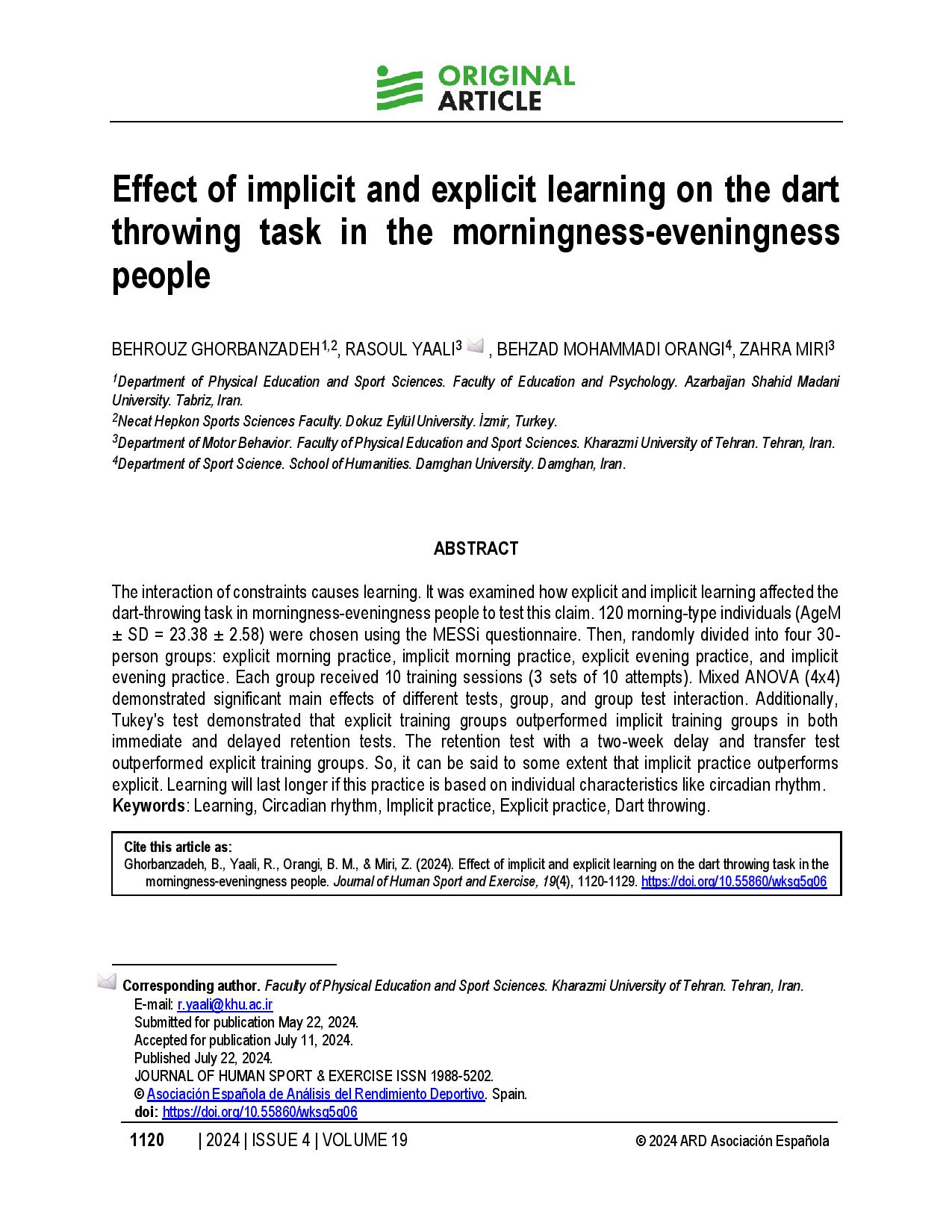 Effect of implicit and explicit learning on the dart throwing task in the morningness-eveningness people