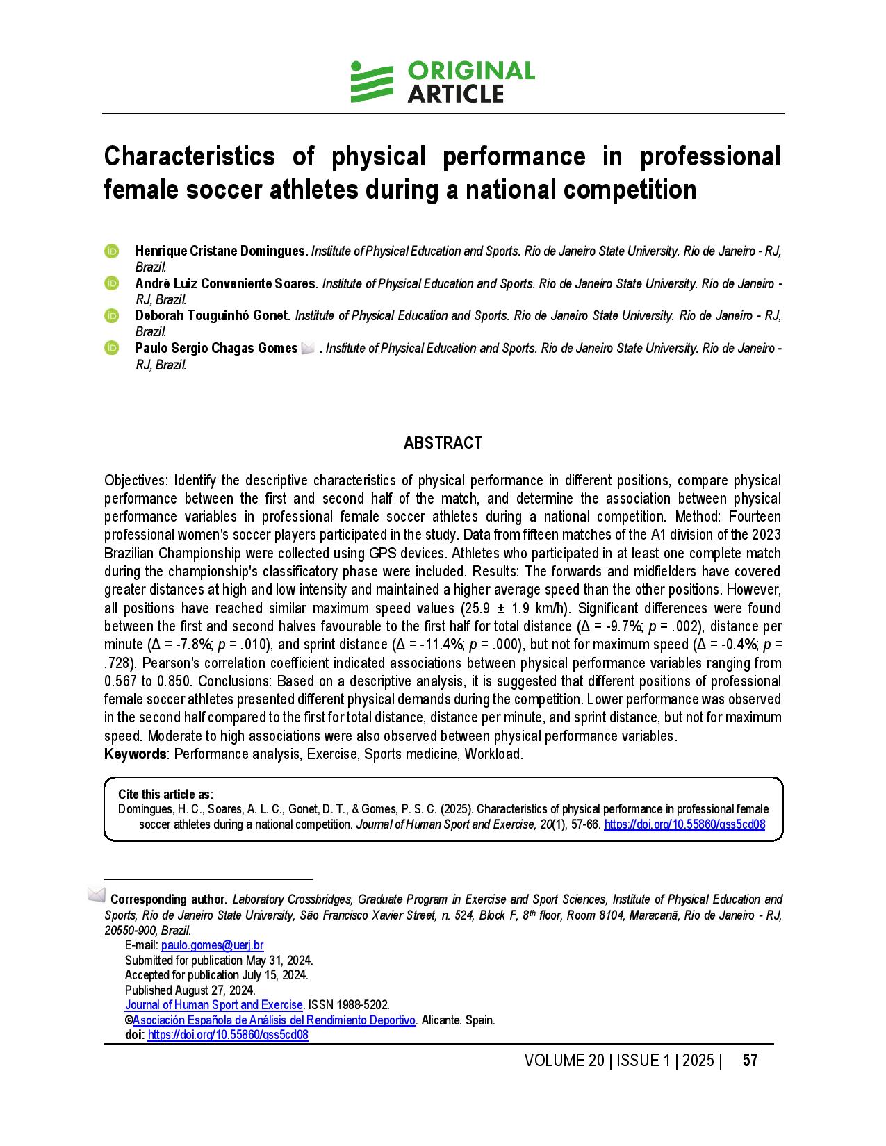 Characteristics of physical performance in professional female soccer athletes during a national competition