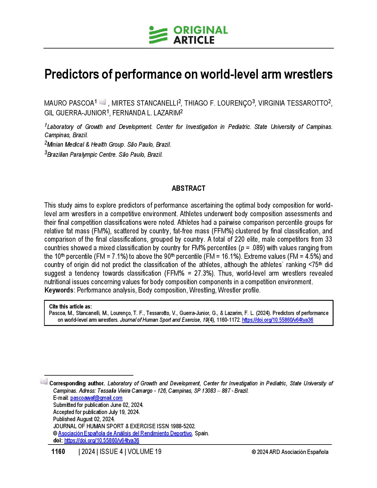 Predictors of performance on world-level arm wrestlers